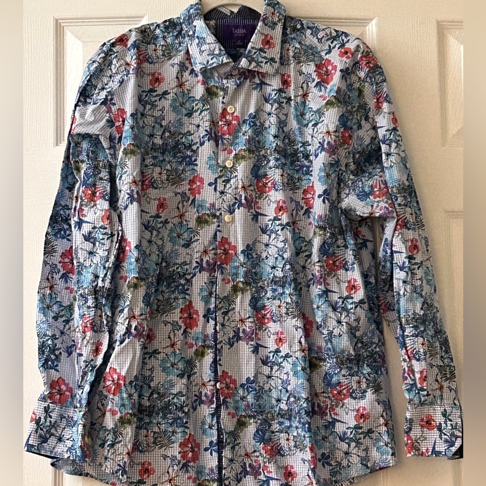 Tallia Men Large Floral Dress Shirt Long Sleeve Button Up Cotton Striped Trim